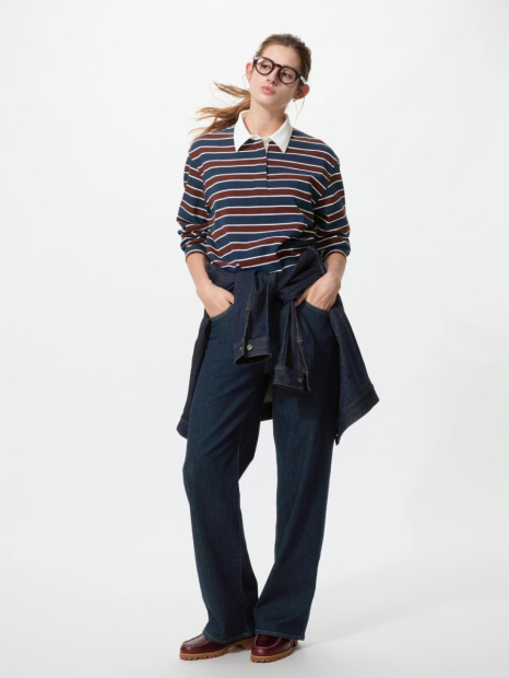 Лонгслив-поло UNIQLO в полоску 1159863077 (Коричневый/Синий S)