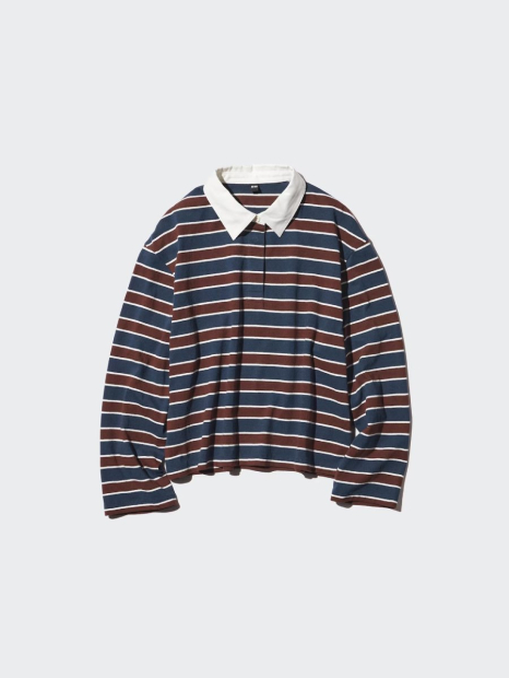 Лонгслив-поло UNIQLO в полоску 1159863077 (Коричневый/Синий S)