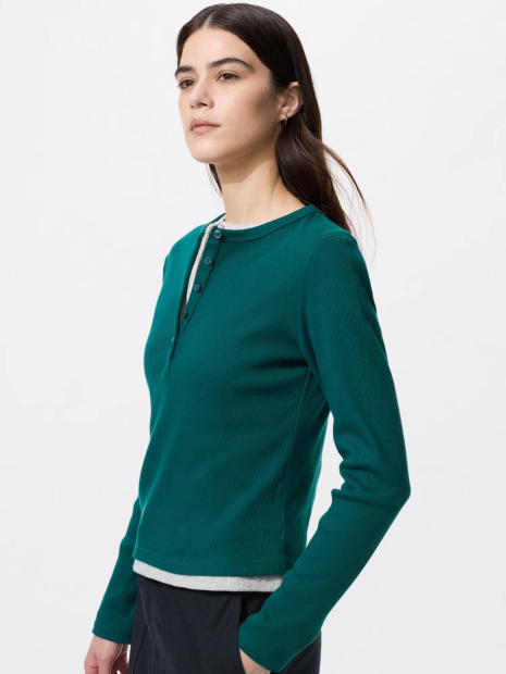 Эластичный лонгслив хенли UNIQLO в рубчик 1160154692 (Зеленый S)