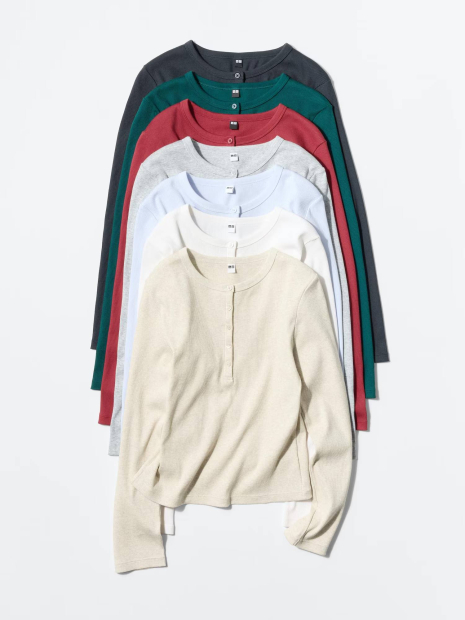Эластичный лонгслив хенли UNIQLO в рубчик 1160154692 (Зеленый S)
