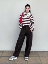 Лонгслив-поло UNIQLO в полоску 1159863067 (Коричневый/Розовый S)