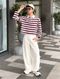 Лонгслив-поло UNIQLO в полоску 1159863067 (Коричневый/Розовый S)