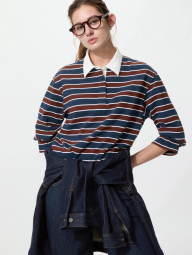Лонгслив-поло UNIQLO в полоску 1159863077 (Коричневый/Синий S)