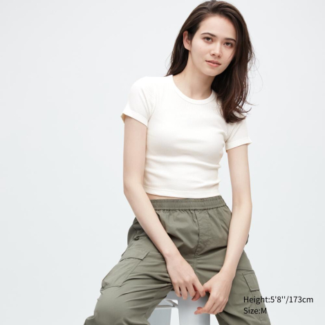 Укороченная футболка UNIQLO в рубчик 1159786676 (Белый, M)