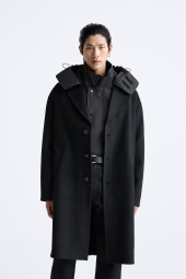 Полушерстяное пальто ZARA 1159800665 (Черный, XL)