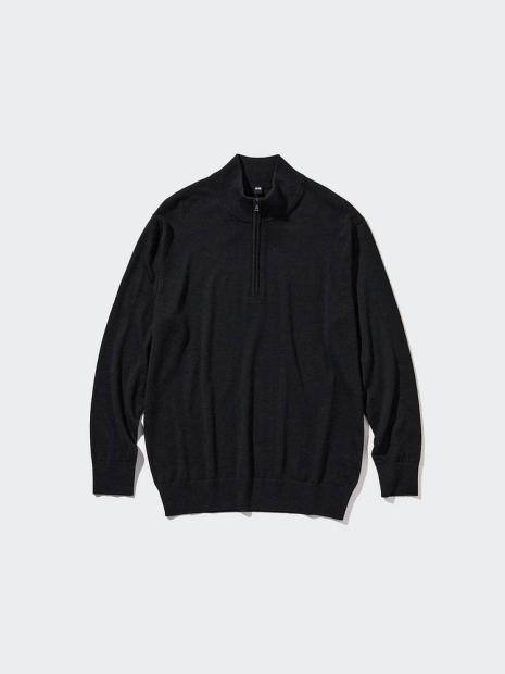 Вязаный свитер с полумолнией UNIQLO из шерсти 1159832473 (Черный XL)
