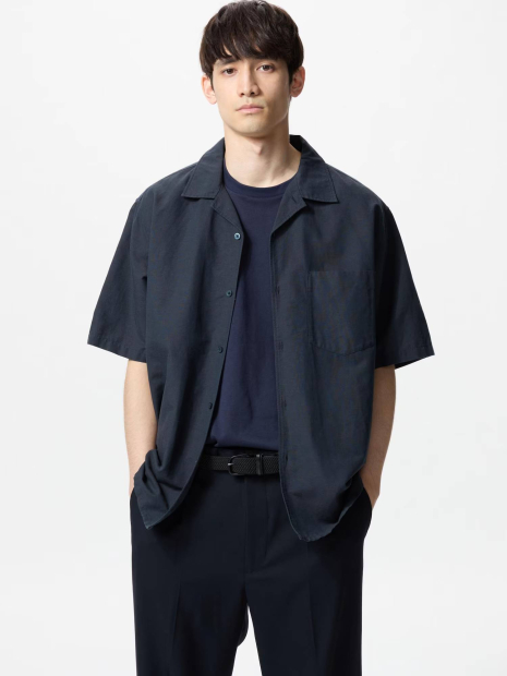 Мужская рубашка с коротким рукавом UNIQLO из смеси льна и хлопка 1159853794 (Синий XL)