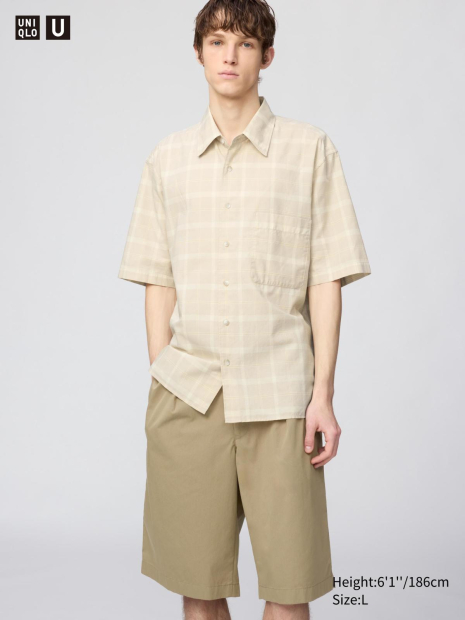Рубашка в клетку UNIQLO с короткими рукавами 1161496350 (Бежевый XL)