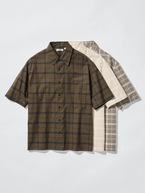 Рубашка в клетку UNIQLO с короткими рукавами 1161496350 (Бежевый XL)
