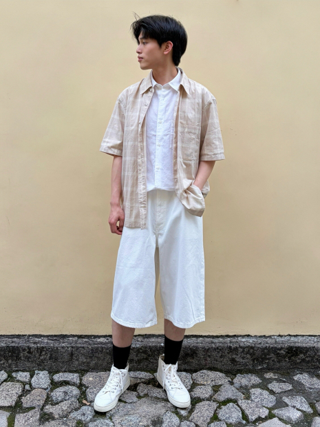Рубашка в клетку UNIQLO с короткими рукавами 1161496350 (Бежевый XL)