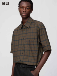 Рубашка в клетку UNIQLO с короткими рукавами 1160739271 (Коричневый M)