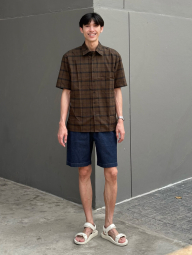 Сорочка в клітку UNIQLO з короткими рукавами 1160739271 (Коричневий M)
