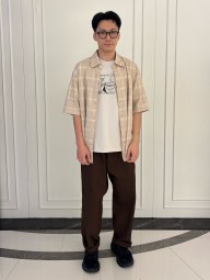 Рубашка в клетку UNIQLO с короткими рукавами 1161496350 (Бежевый XL)