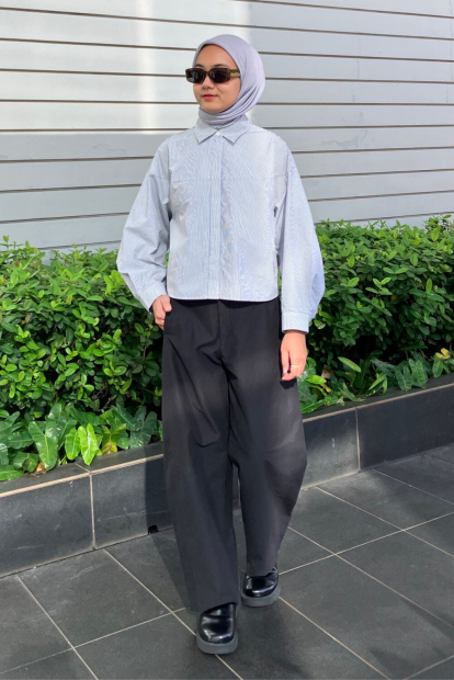 Хлопковая рубашка UNIQLO в полоску 1159853272 (Серый XL)