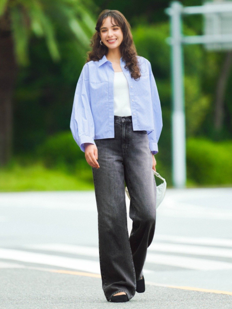 Хлопковая рубашка UNIQLO в полоску 1159854270 (Голубой L)