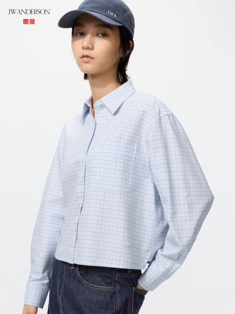 Укороченная рубашка свободного кроя JW ANDERSON UNIQLO в клетку 1159862424 (Голубой S)
