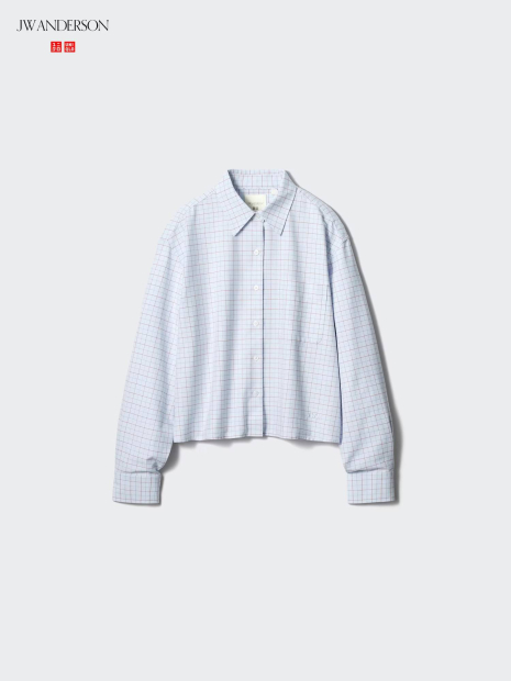 Укороченная рубашка свободного кроя JW ANDERSON UNIQLO в клетку 1159862424 (Голубой S)