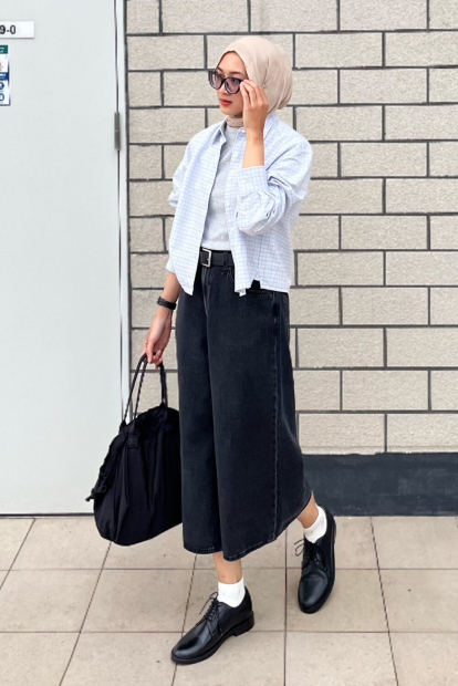 Укороченная рубашка свободного кроя JW ANDERSON UNIQLO в клетку 1159862424 (Голубой S)
