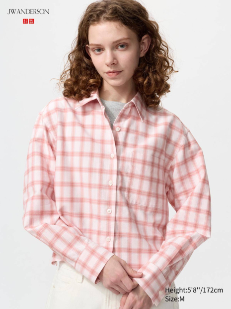 Укороченная рубашка свободного кроя JW ANDERSON UNIQLO в клетку 1159862428 (Розовый S)