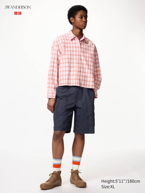 Укороченная рубашка свободного кроя JW ANDERSON UNIQLO в клетку 1159862428 (Розовый S)