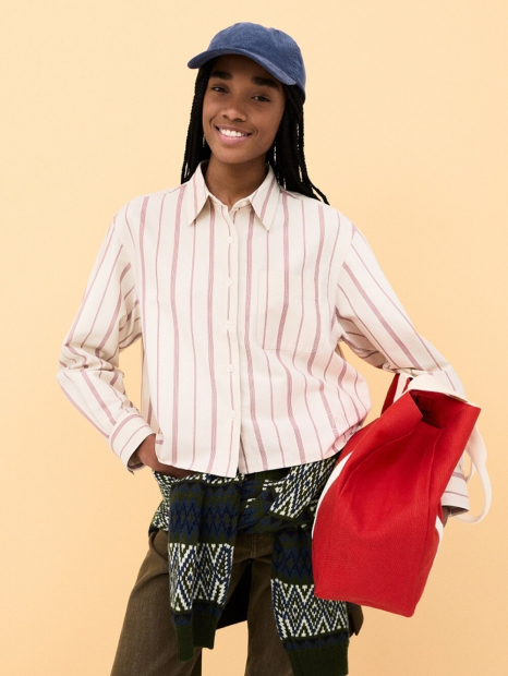 Укороченная рубашка свободного кроя JW Anderson Uniqlo в полоску 1159863184 (Бежевый XXL)