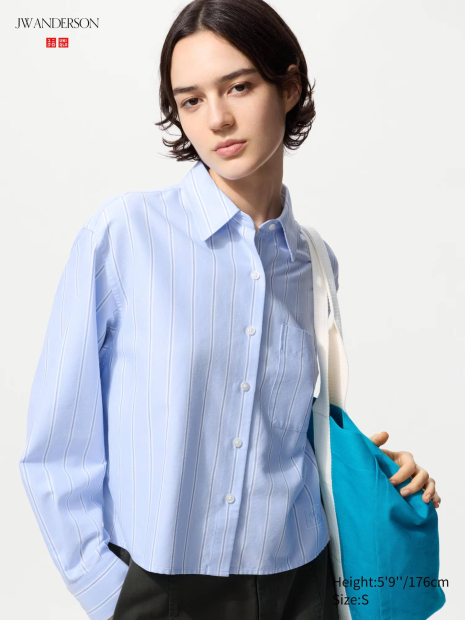 Укороченная рубашка свободного кроя JW Anderson Uniqlo в полоску 1159863185 (Голубой XL)