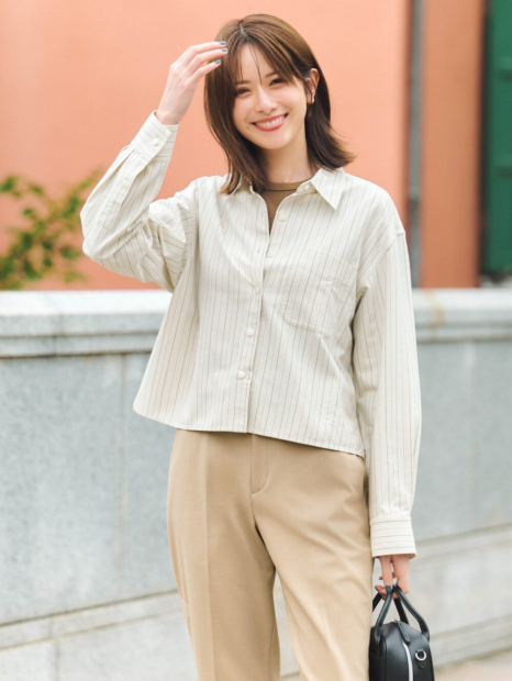 Укороченная рубашка свободного кроя JW Anderson Uniqlo в полоску 1159923002 (Бежевый XL)