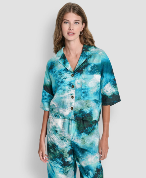 Женская льняная рубашка DKNY укороченная 1160079472 (Бирюзовый M)