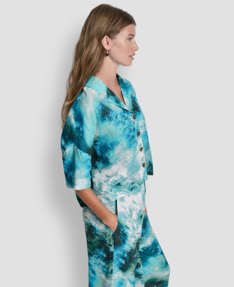 Жіноча льняна сорочка DKNY укорочена 1160079472 (Бірюзовий M)