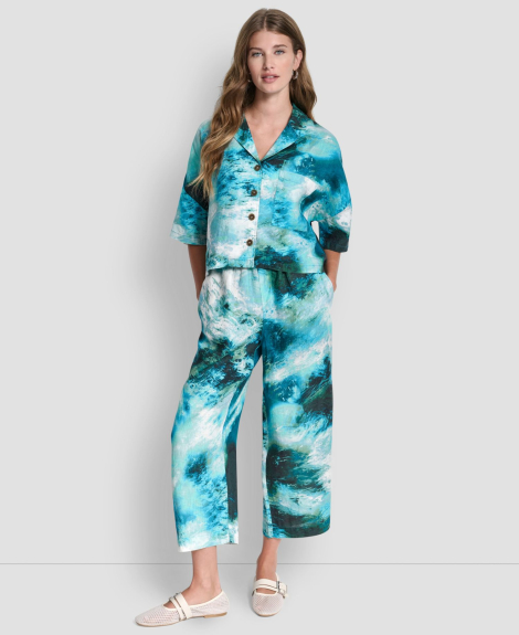 Жіноча льняна сорочка DKNY укорочена 1160079472 (Бірюзовий M)