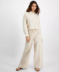 Женская укороченная рубашка DKNY из смеси льна 1159839056 (Молочный M)