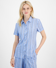 Женская рубашка из смеси льна Tommy Hilfige в полоску 1159865125 (Голубой XL)