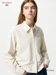 Укороченная рубашка свободного кроя JW Anderson Uniqlo в полоску 1159923002 (Бежевый XL)
