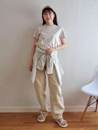 Укороченная рубашка свободного кроя JW Anderson Uniqlo в полоску 1159923002 (Бежевый XL)