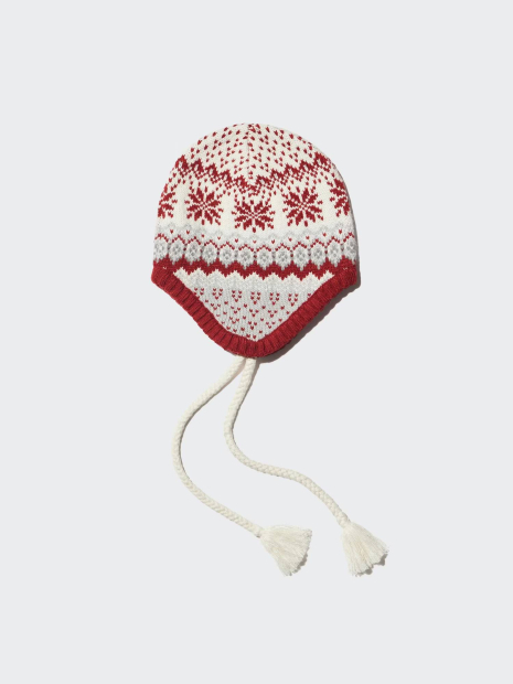 В'язана шапка-біні UNIQLO HEATTECH з вушками 1159854804 (Червоний/Молочний One size)