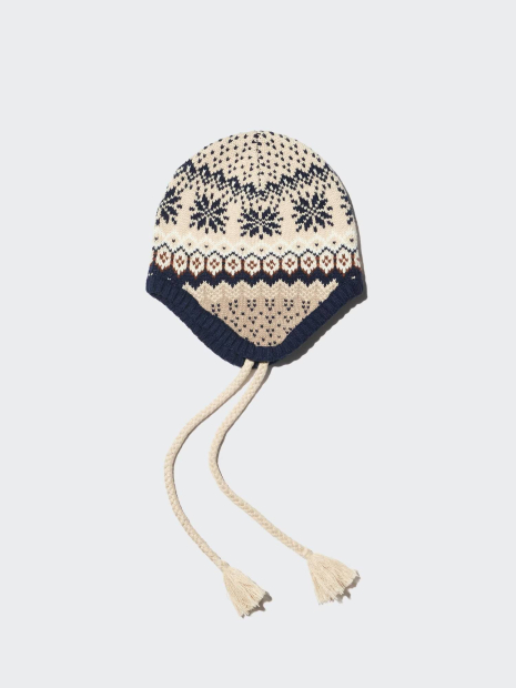 В'язана шапка-біні UNIQLO HEATTECH з вушками 1159854807 (Синій/Бежевий One size)