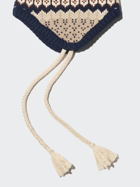 В'язана шапка-біні UNIQLO HEATTECH з вушками 1159854807 (Синій/Бежевий One size)