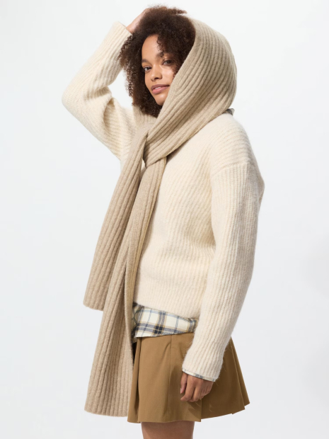 Вязаный шарф с капюшоном UNIQLO в рубчик 1159854568 (Бежевый One size)