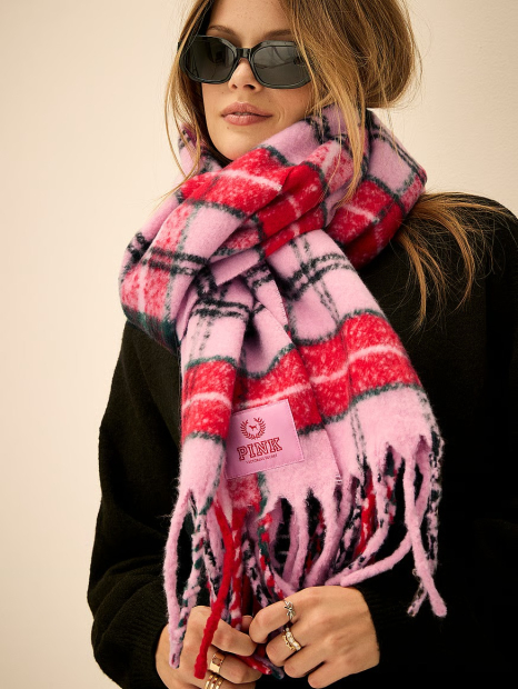 Теплий жіночий шарф Victoria's Secret Pink в клітинку 1159863158 (Рожевий/Червоний One size)