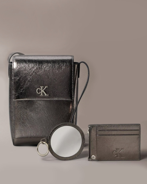 Женский набор Calvin Klein сумка через плечо, картхолдер и зеркало 1159845570 Серебристый