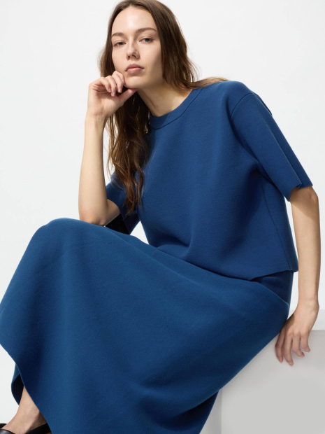 Вязаный свитер UNIQLO с коротким рукавом 1159853698 (Синий L)