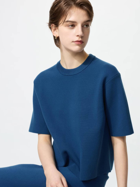 Вязаный свитер UNIQLO с коротким рукавом 1159853698 (Синий L)