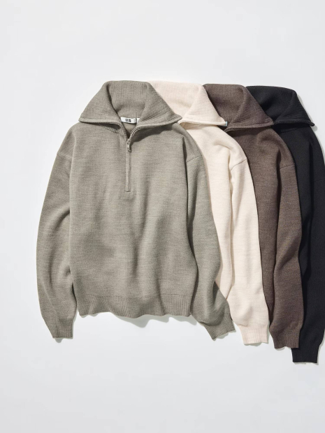 Вязаный свитер UNIQLO с застежкой-молнией до середины груди 1159855604 (Молочный L)