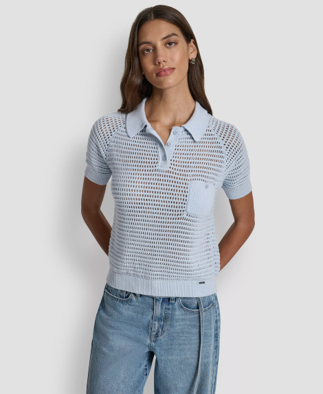 Женский вязаный свитер-поло DKNY с короткими рукавами 1161628726 (Голубой M)