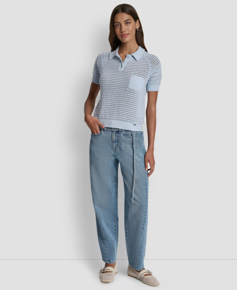 Женский вязаный свитер-поло DKNY с короткими рукавами 1161628726 (Голубой M)