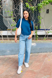 Вязаный свитер UNIQLO с коротким рукавом 1159853698 (Синий L)