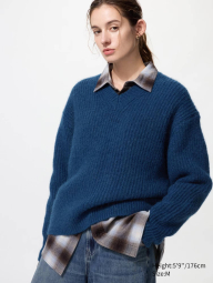 Пушистый свитер UNIQLO с V-образным вырезом 1159854800 (Синий S)