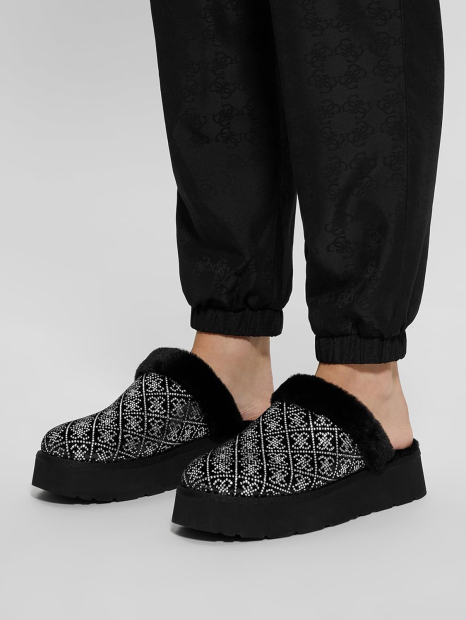 Женские бархатные тапочки на меху Guess со стразами 37,5 (7 US) 25 см Черный 1159851012