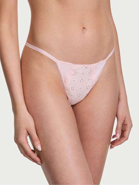 Бавовняні трусики стрінги Victoria's Secret з ажурною вишивкою 1159847218 (рожевий M)