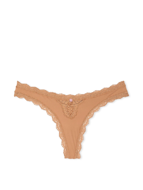 Женские гладкие трусики тонг Victoria's Secret с кружевом 1159861381 (Бежевый M)